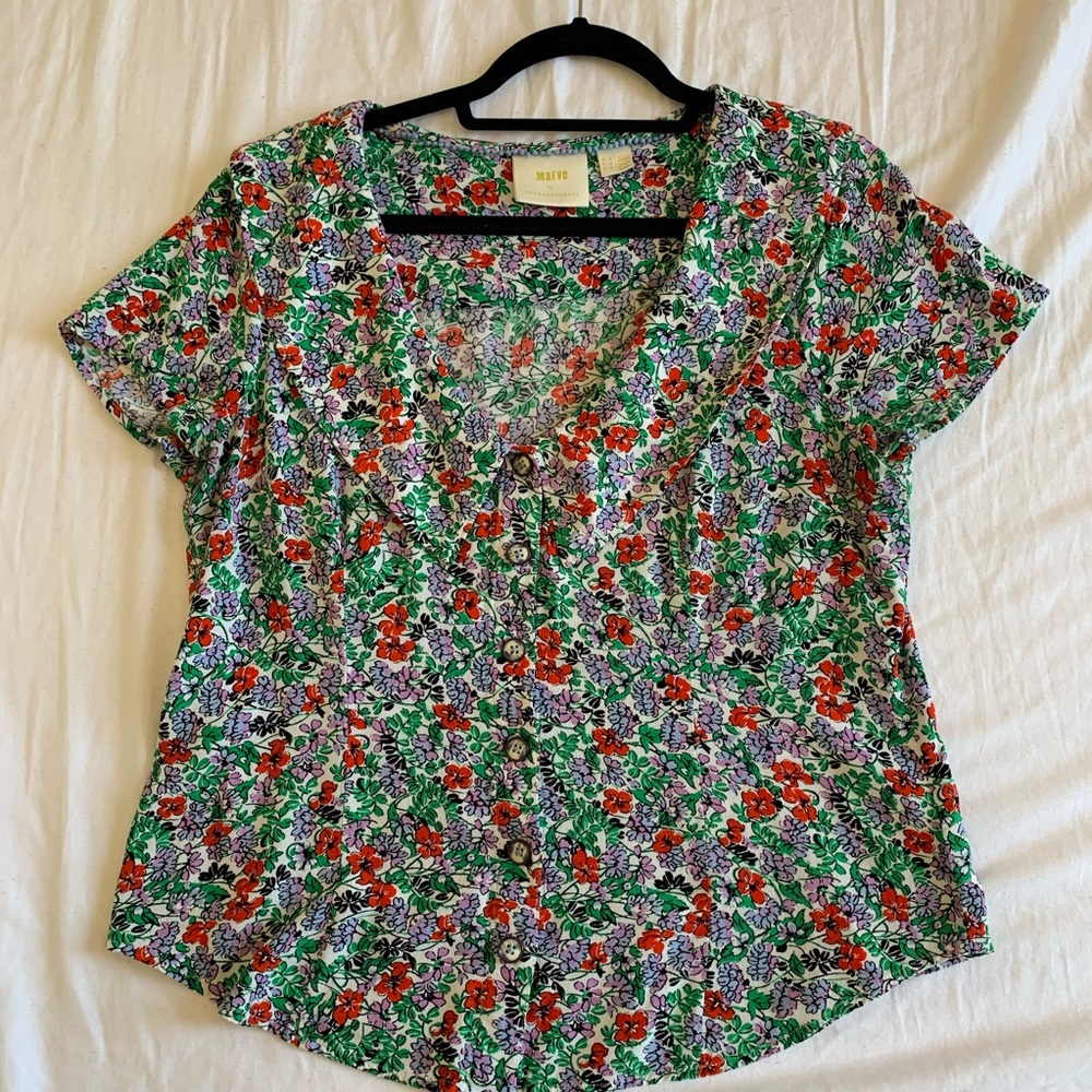 Anthropologie Floral Button-Front Blouse in Green, Red, Purple